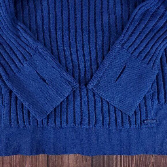 *Flaw Betabrand Seaside Jumper Womens Large Blue Knit Hooded Sweater Thumb Holes - Picture 6 of 12